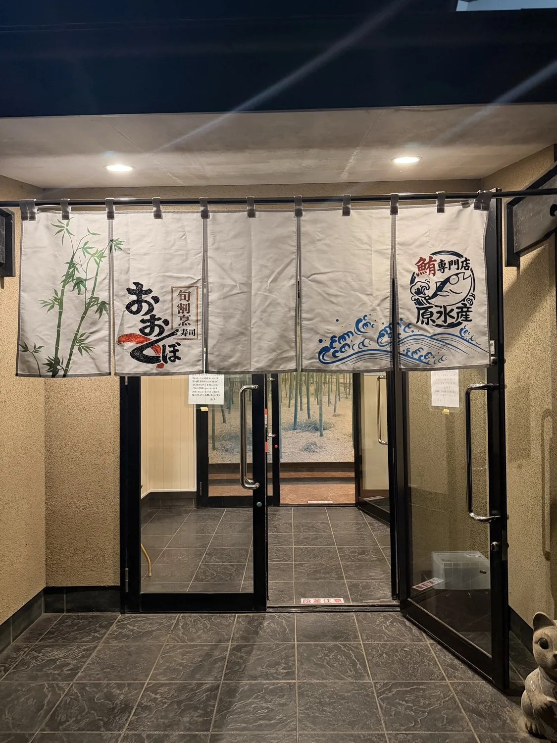 夜の店舗入口。明かりに照らされた暖簾